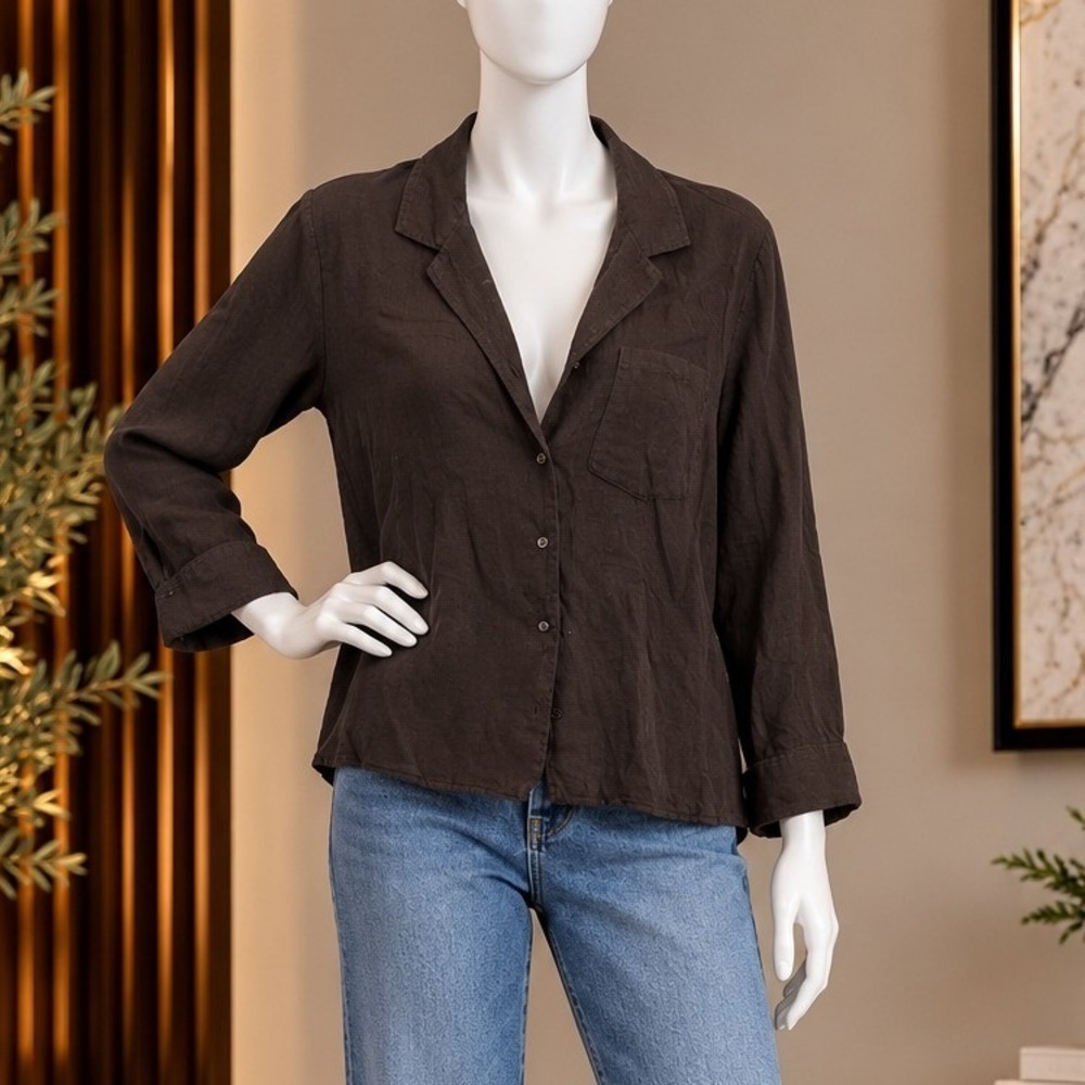 Zara Womens Button Down Shirt Brown Linen Blend Notched Collar Size Small